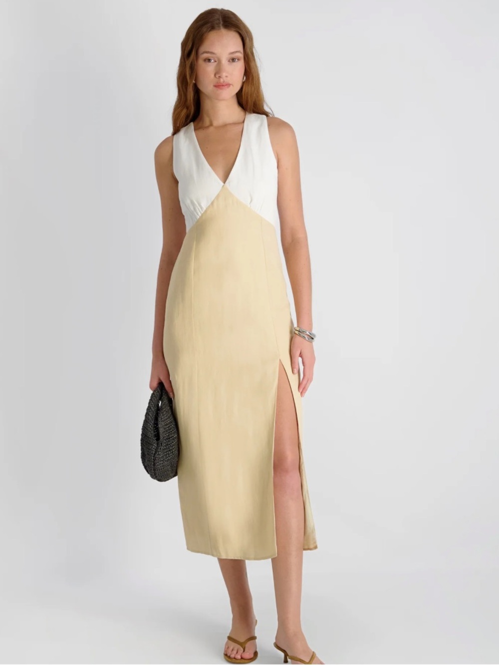 French Connection Two-Tone White and Pale Yellow Midi Dress